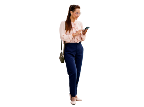 A female student learning smiles using the phone chat application. An office employee in a shirt. Reads an e-book online.