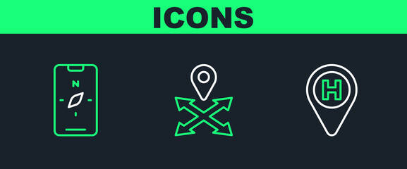 Set line Helicopter landing pad, Compass on mobile and Location icon. Vector