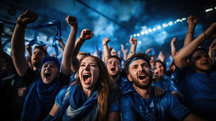 Fans wearing blue jerseys watched and cheered the game live from the stands. - obrazy, fototapety, plakaty