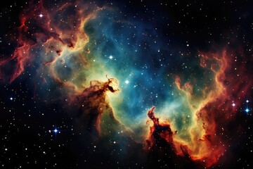 Fototapeta na wymiar An imaginative background image for creative content featuring a nebula with a radiant light source that forms a golden edge on the surrounding clouds. Photorealistic illustration