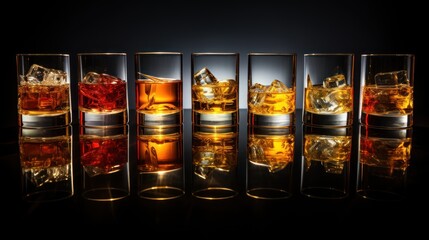 Set of glass of whiskey or whisky or american Kentucky bourbon with its reflection on the plane