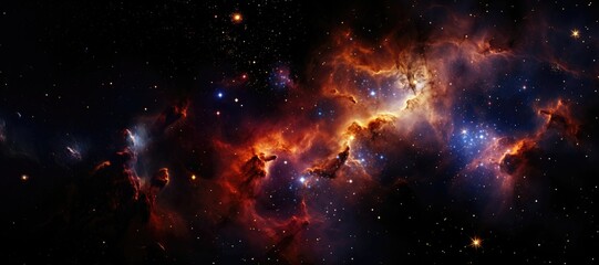 An imaginative background image presented in a wide and panoramic format, featuring a nebula with long-stretched clouds characterized by illuminated edges. Photorealistic illustration
