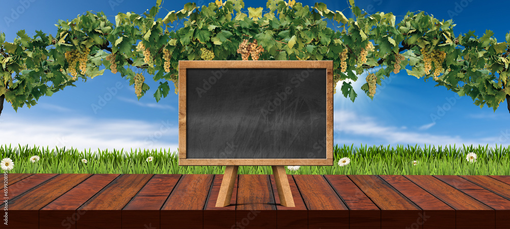 Poster close-up of an empty wooden table top for products display with blank small blackboard against a def