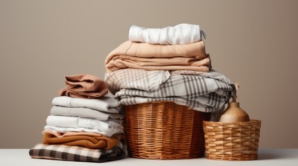 Fototapeta premium A pile of clean clothes and a wicker basket with clean cloths isolated on a transparent background.