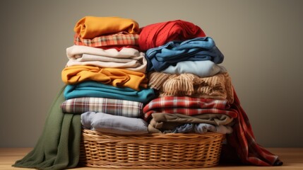 A pile of clean clothes and a wicker basket with clean cloths isolated on a transparent background. - obrazy, fototapety, plakaty