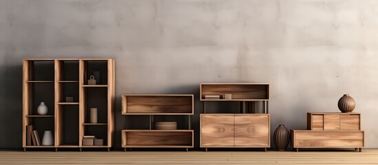 Classy and modern wooden storage furniture for home interiors factory isolated - obrazy, fototapety, plakaty