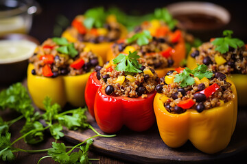 Bell peppers are stuffed with a mixture of quinoa and black beans, baked to perfection