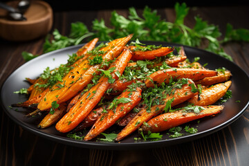 A plate of roasted carrots garnished with fresh parsley, offering a vibrant, healthy side dish - obrazy, fototapety, plakaty