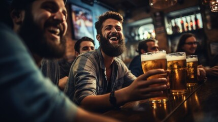 Young friends in blue shirts with beer glasses and beards at the bar happily watching football