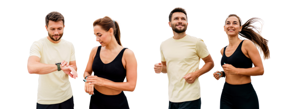 A male and female runner sports person uses a watch and runs in sportswear and sneakers. Coach and client intensive workout fitness exercises.