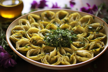  Artichoke hearts are marinated in a blend of olive oil and herbs