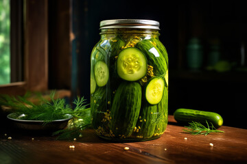 A mason jar filled with pickled cucumbers and spices, sealed tightly and ready for preserving - obrazy, fototapety, plakaty