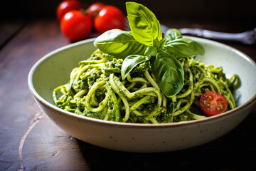 Spiralized zucchini noodles are generously tossed in a vibrant pesto sauce, served in a white bowl