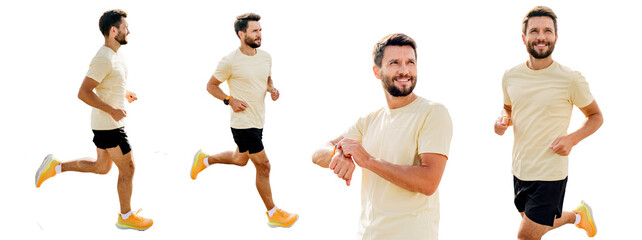 A male runner is a sporty person who uses a watch and runs full-length in sportswear and sneakers....