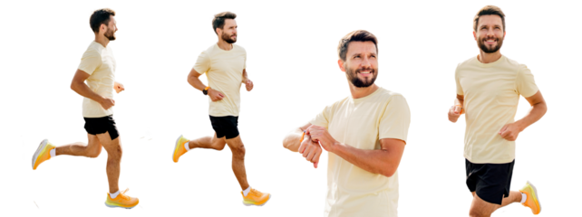 A male runner is a sporty person who uses a watch and runs full-length in sportswear and sneakers. A set of characters.