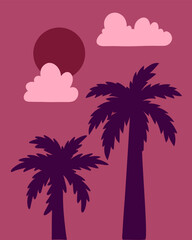 Tropical night background with palm tree, moon, clouds