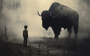 vintage buffalo. hand edited AI.  - obrazy, fototapety, plakaty