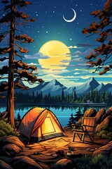 A camping tent in a nature hiking spot, Relaxing during a Hike in mountain, next to lake river