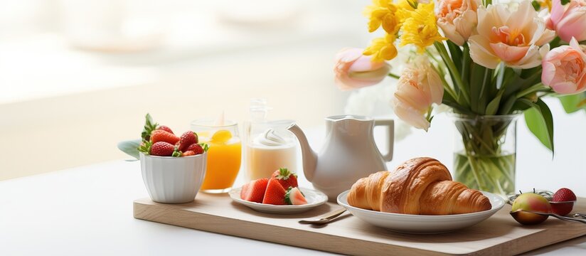 Close up image of a balanced and nutritious breakfast served on a light table background with coffee and fresh flowers on a tray