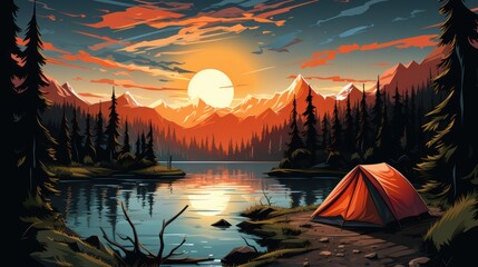 A camping tent in a nature hiking spot, Relaxing during a Hike in mountain, next to lake river