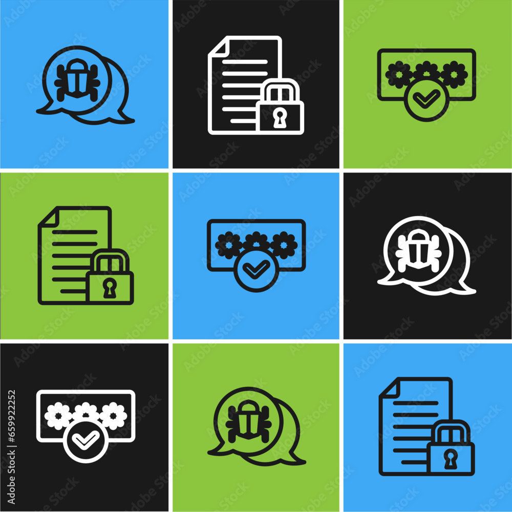 Poster set line system bug, password protection and document and lock icon. vector