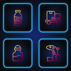 Set line Price tag for fish, Spice in can, Bottle with milk and Hand truck and boxes. Gradient color icons. Vector