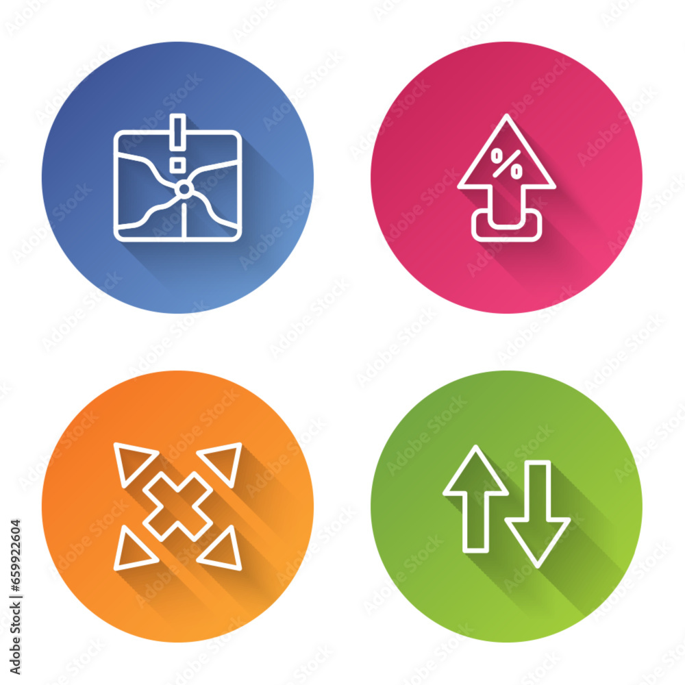 Poster set line intersection point, percent up arrow, many ways directional and arrow. color circle button.