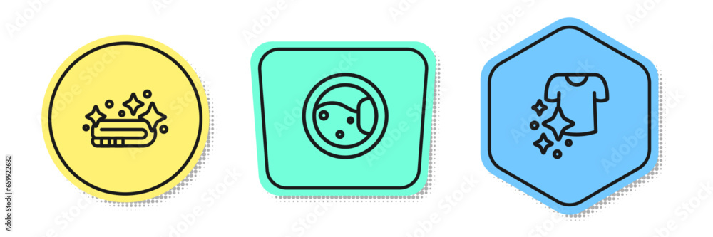 Poster set line towel stack, washer and drying clothes. colored shapes. vector