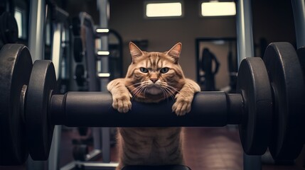 Cat in a gym fitness center, engaging in workout routine. Funny approach to healthy and active lifestyle for overweight cat. Physical fitness for domestic home animals. - obrazy, fototapety, plakaty