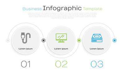 Set line USB cable cord, Computer monitor screen and Optical disc drive. Business infographic template. Vector