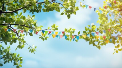 vector art of colorful pennant string decoration in green tree foliage on blue sky, summer party background template banner with copy space