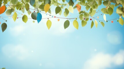 vector art of colorful pennant string decoration in green tree foliage on blue sky, summer party background template banner with copy space