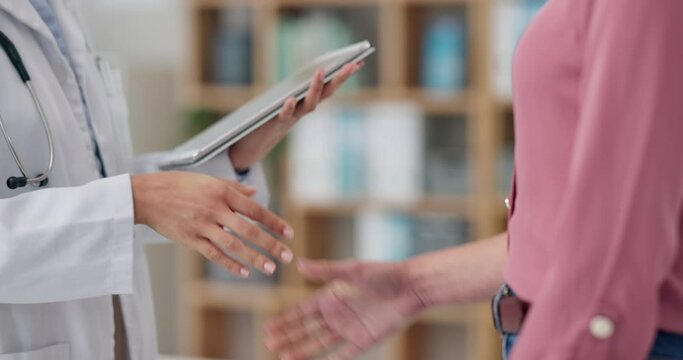Woman, doctor and handshake with patient or tablet in meeting, health or introduction at hospital. Closeup of female person or medical employee shaking hands with technology for appointment at clinic
