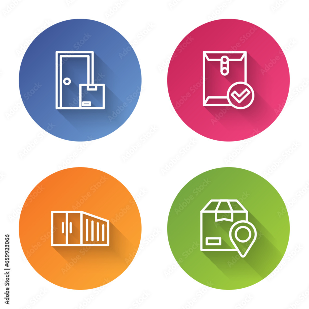 Poster set line home delivery services, envelope and check mark, container and location with cardboard box.