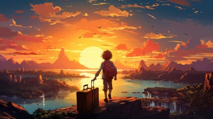 Vector art of travel dreams It's on a suitcase with a sunset in the background. - obrazy, fototapety, plakaty
