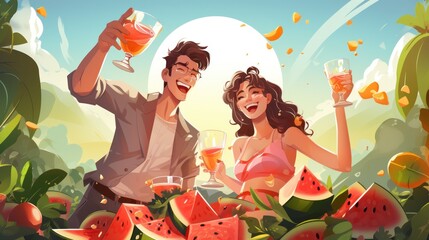 Garden party concept Man and woman with alcoholic drinks and pieces of watermelon on the table. Activities and outdoor activities - obrazy, fototapety, plakaty