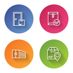 Set line Home delivery services, Envelope and check mark, Container and Location with cardboard box. Color circle button. Vector