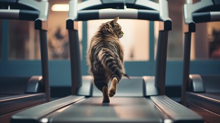 Cat in a gym fitness center, engaging in workout routine. Funny approach to healthy and active lifestyle for overweight cat. Physical fitness for domestic home animals. - 659923067