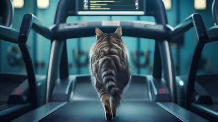 Cat in a gym fitness center, engaging in workout routine. Funny approach to healthy and active lifestyle for overweight cat. Physical fitness for domestic home animals. - obrazy, fototapety, plakaty