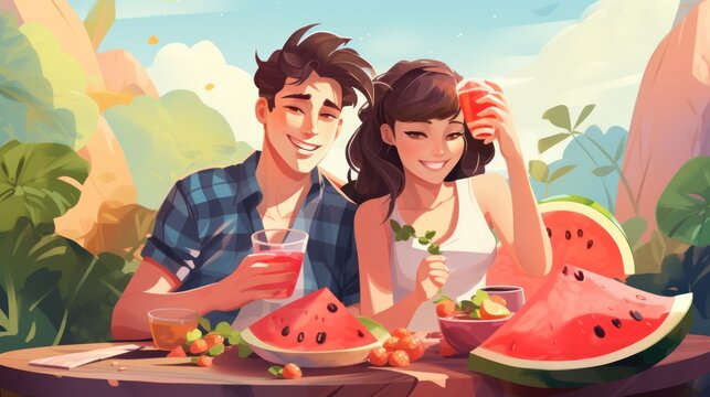Garden party concept Man and woman with alcoholic drinks and pieces of watermelon on the table. Activities and outdoor activities