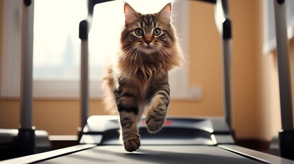 Cat in a gym fitness center, engaging in workout routine. Funny approach to healthy and active lifestyle for overweight cat. Physical fitness for domestic home animals.