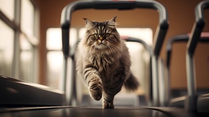 Cat in a gym fitness center, engaging in workout routine. Funny approach to healthy and active lifestyle for overweight cat. Physical fitness for domestic home animals.