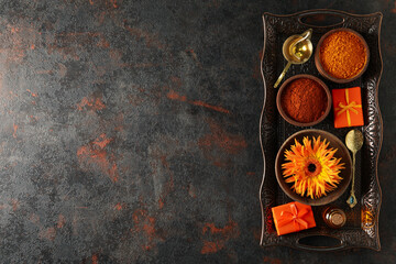 Wooden bowls with spices and with flower, gift boxes on tray on dark background, space for text