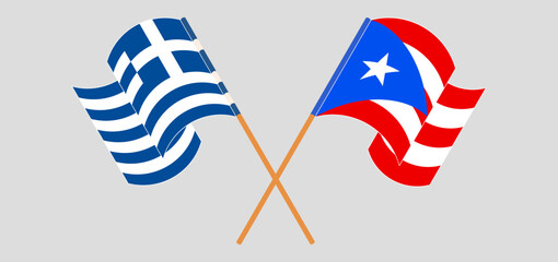 Crossed and waving flags of Greece and Puerto Rico