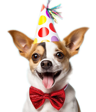 Funny dog with birthday hat and bow tie on transparent background.