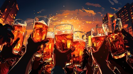 vector art of Hands of group of unrecognisable people toasting with beer bottles at outdoor party.
