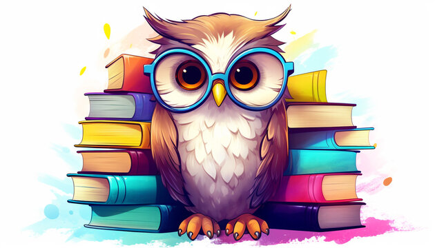 An owl wearing round glasses next to a pile