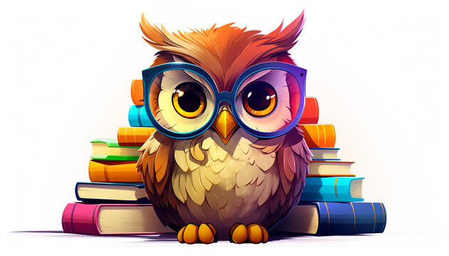 An owl wearing round glasses next to a pile