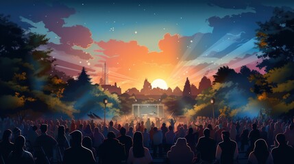 Vector art of music festival Outdoor concert with outdoor stage, live performance, people dancing in nature.