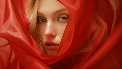 Abstract portrait of blonde woman under red vail - obrazy, fototapety, plakaty